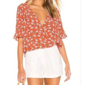 Sanctuary Top Blouse‎ Size Small Garden Party Wrap Floral Flutter Sleeve Orange
